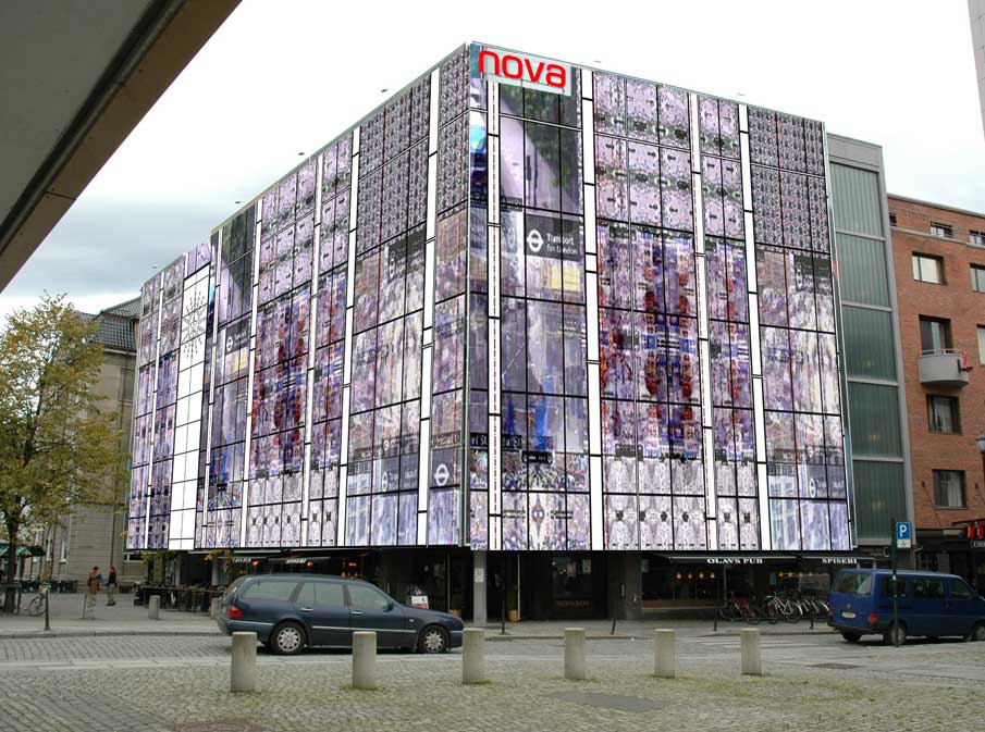 This proposal has won the Nova Folkets Hus facade international juried competition and is now in development. This AOF Nova facade utilizes, electronic art, new digital media, interactive technology, dynamic real time solutions, and networked space to create responsive architecture that reflects the emotional real time state of the city of Trondheim by UK artist Stanza. 