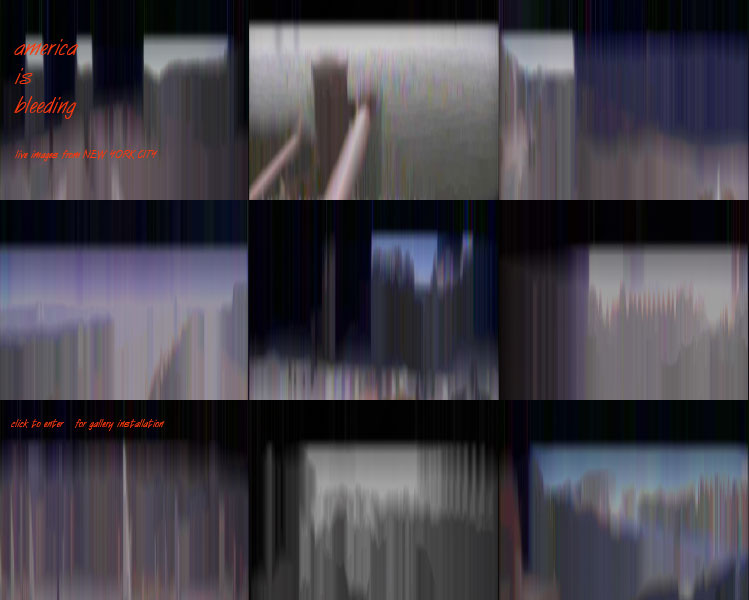 Title. america is bleeding;  trying to imagine america from many perspectives, all at once, in real time. 2004/5. New work by Stanza