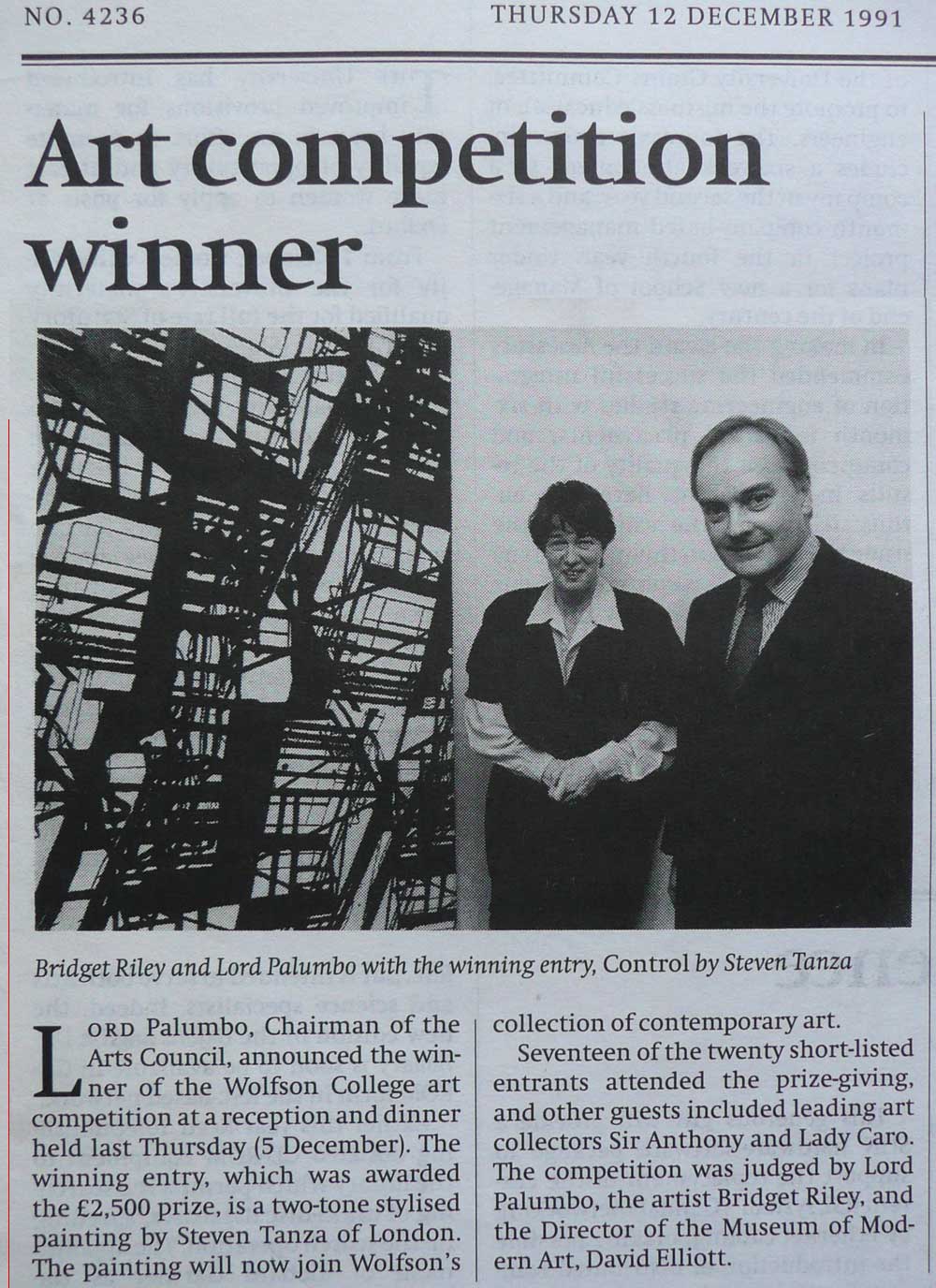  Lord Palumbo chairman of the arts council, and Brigit Riley with Stanza Painting 1991. Stanza wins Wolfson 25 art prize. 