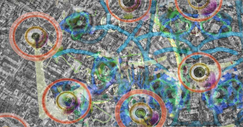 Image by Stanza / Above image shows xml data from London and Copenhagen mashed up together to form a mixed merged city space. Stanza 2008