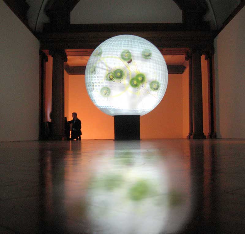 Image by Stanza / Sensity on a round globe display tested at County Hall London (Live data on globe 2006)