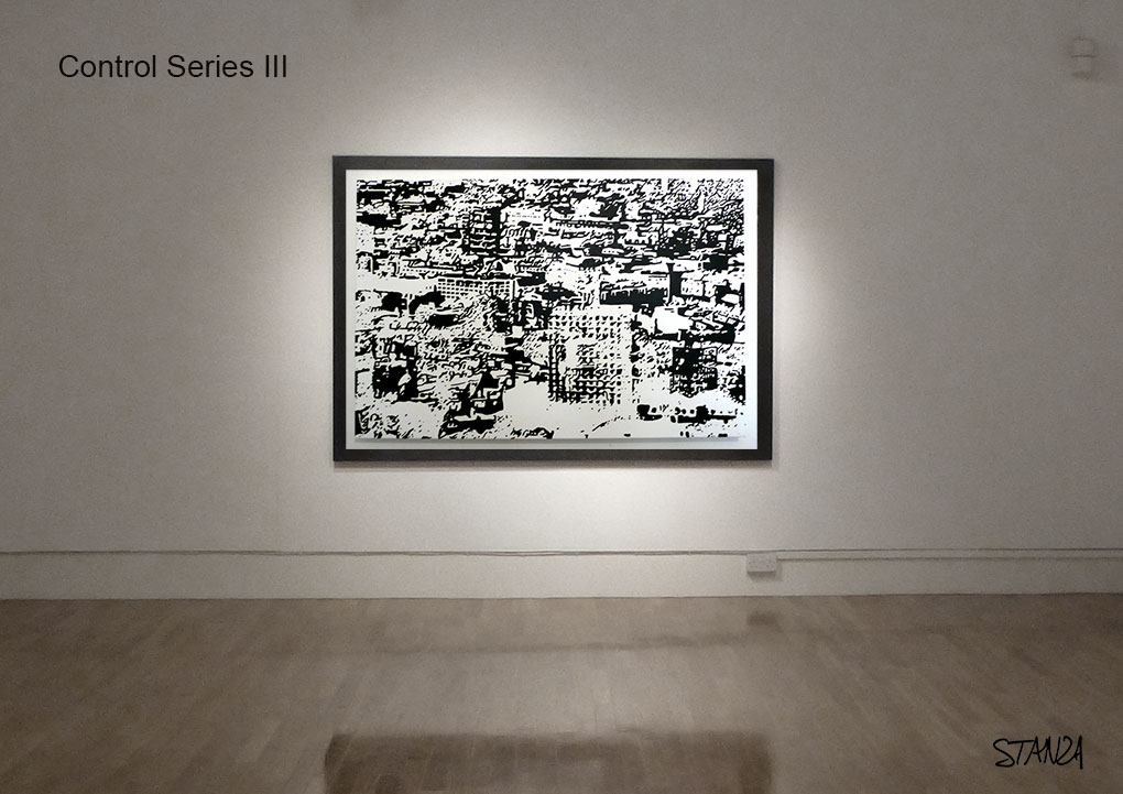  Stanza, oil on canvas, painting, city, urban, towers, decay, black and white, 1995