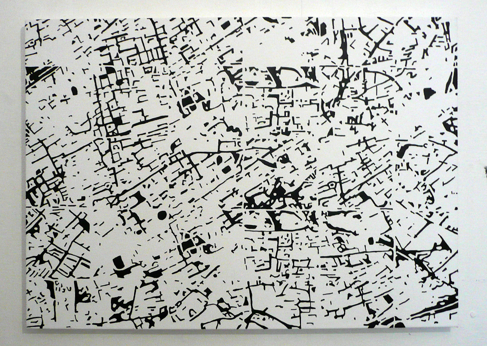  Stanza, oil on canvas, painting, city, urban, towers, decay, black and white, 1995