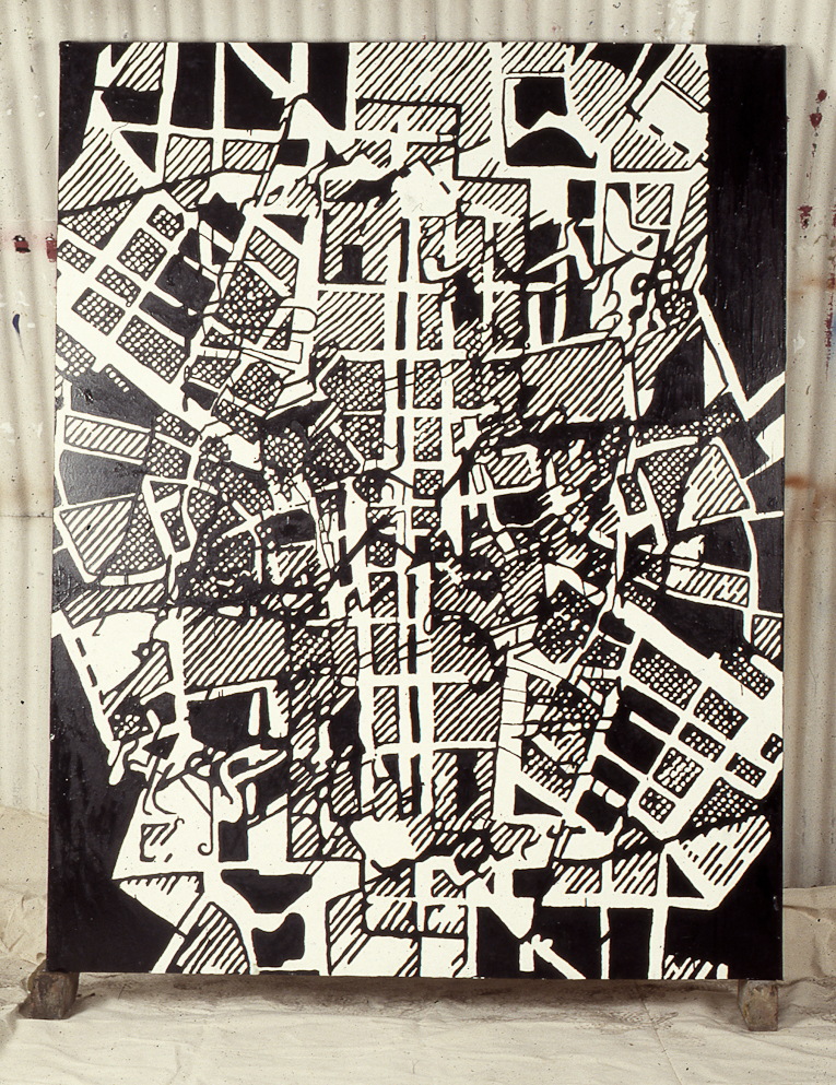 Stanza , Oil Pianting, Urban , City, Maps, 1989, London, art, industrial, citscaoes, towers blocks,