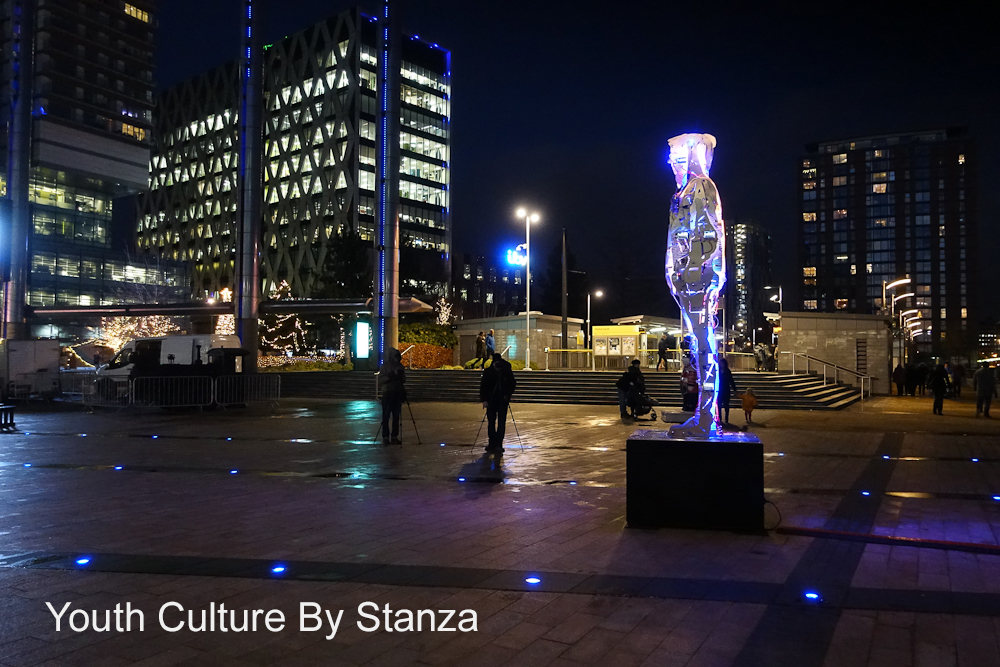 Youth Culture By Stanza. Large Light night sculpture with data and screens.