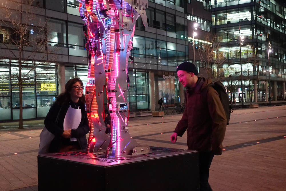 Youth Culture By Stanza. Large Light night sculpture with data and screens. data art and city wide engagement
